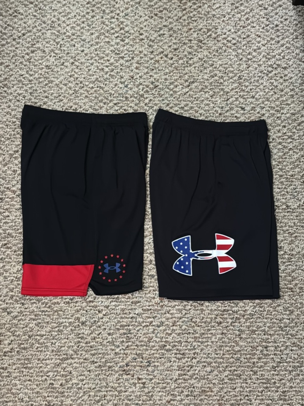 Under Armour Men’s Black Athletic Shorts with Red and American Flag Accent
